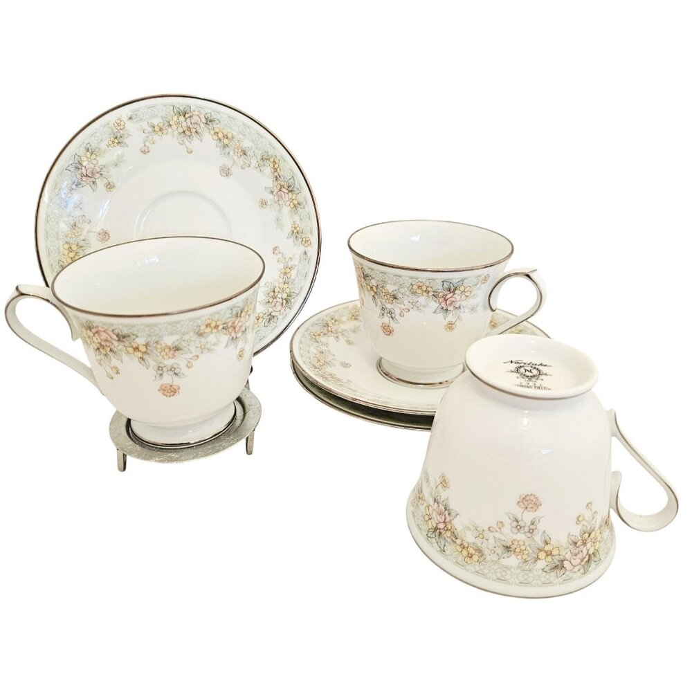3 Noritake Spring Field Teacup Saucers delicate flowers vtg Japan silver rim